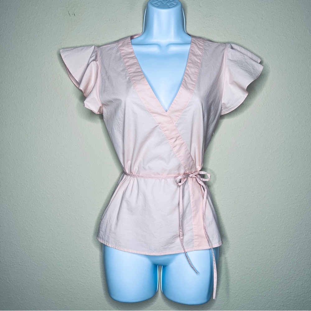 J CREW Pink Poplin Flutter-Sleeve Wrap Top - J3968 - Sz 0 - Picture 4 of 13